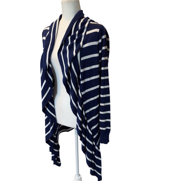Soft Surroundings Navy White Stripe Open Front Waterfall Neck Cardigan Sweater - Picture 4 of 8